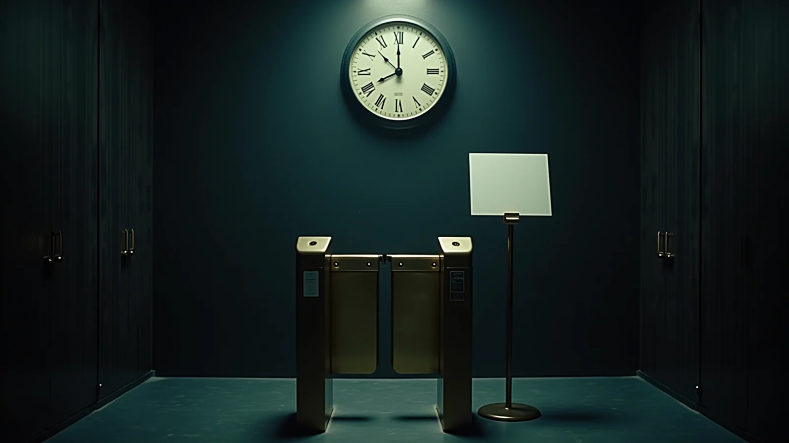 A dark records hall where a brass access gate stands closed again beneath a wall clock, with a dated card now seated in the brass placard holder beside it.