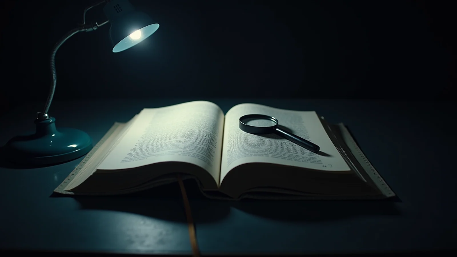 A dark archive desk holding two identical open ledgers under one lamp, the nearer one being read closely while the further one lies open and unexamined in shadow.