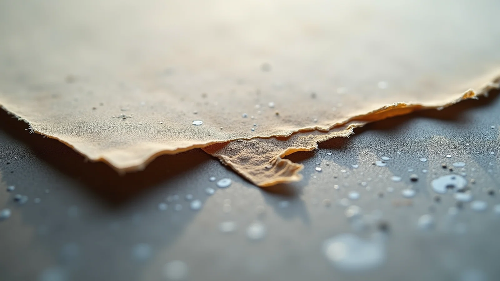 Extreme macro of a torn paper edge, the fibres along one side in razor-sharp focus and the surface beyond it dissolving completely out of focus.