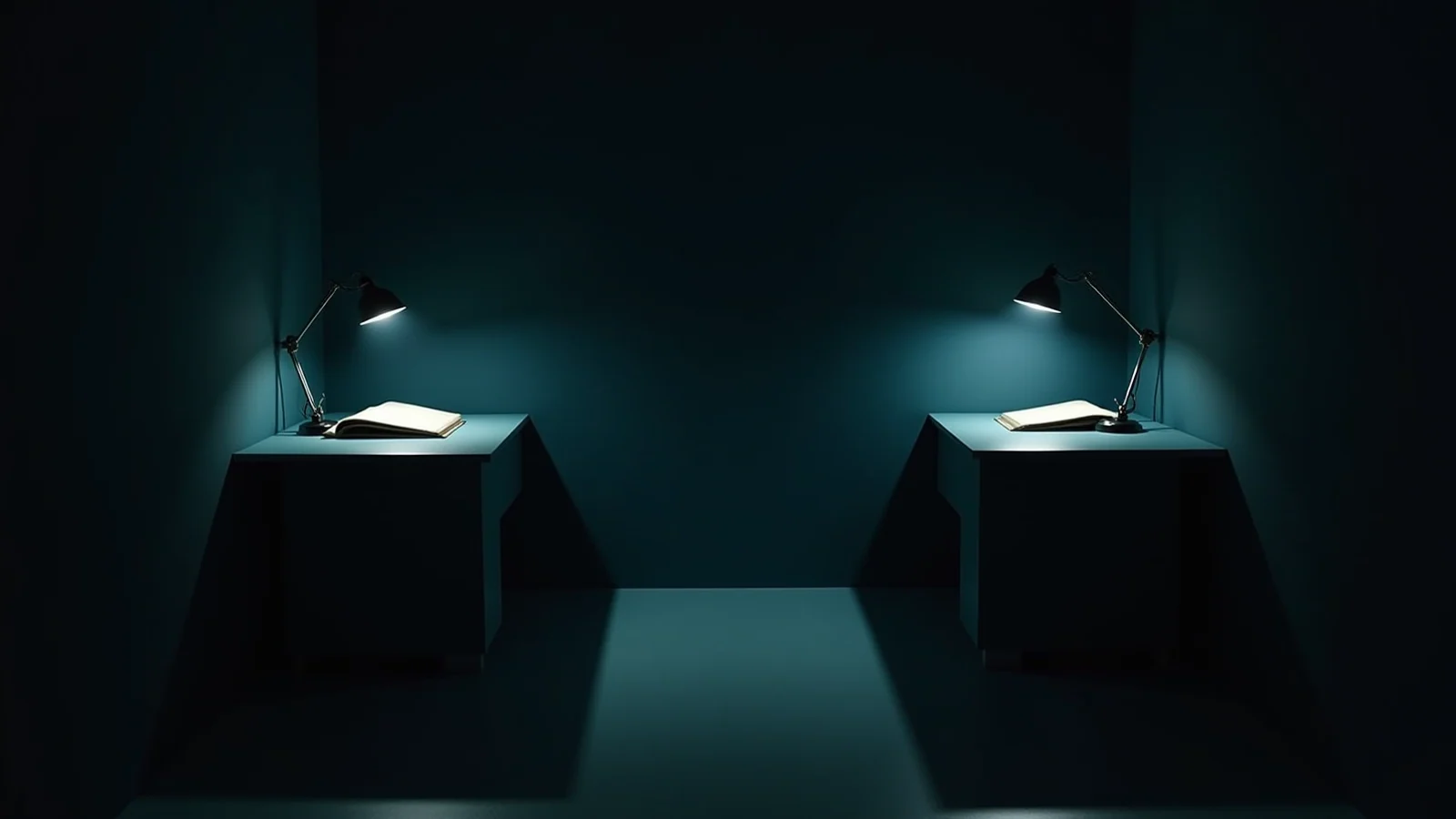 Two archive desks in a dark hall, each with its own lamp and its own open logbook - one lit cool, one lit cool - and the wide floor between them left completely unlit.