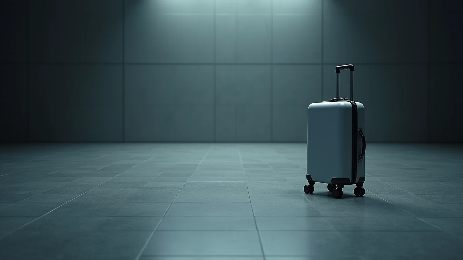 A single hard-shell suitcase standing upright alone on the tiled floor of a vast empty hall, lit cold and flat.