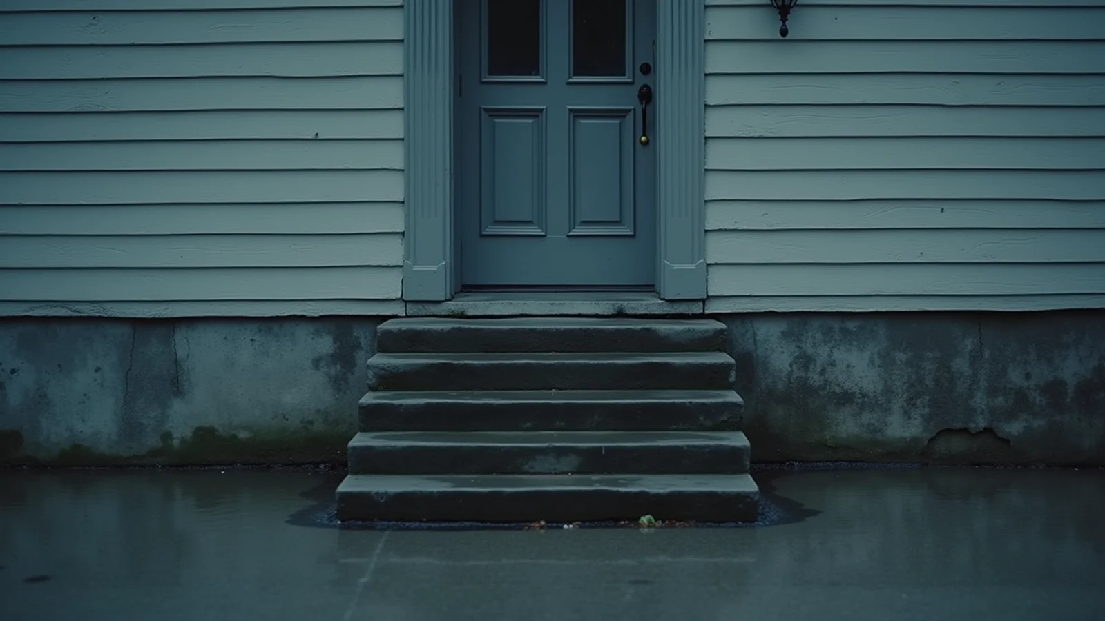 A closed house door at the top of four concrete steps, with a dark stain band running across the foundation wall below the clapboard siding, on an overcast day.
