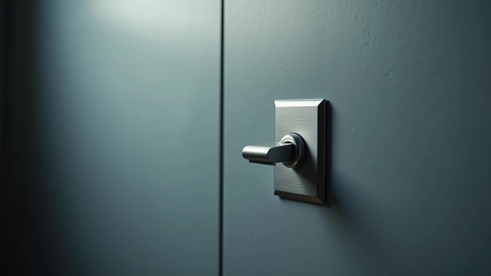 A brushed steel lever switch on a plain steel plate mounted to a bare grey wall, lit cold from the left.