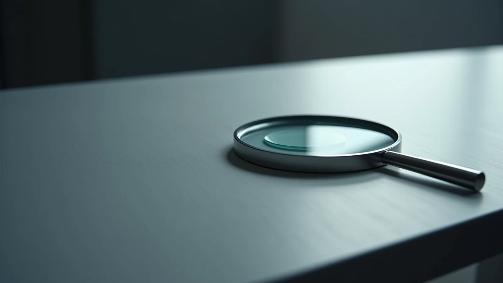 A round magnifying glass with a thin steel rim lying on a bare pale grey table, its lens catching a cold highlight.