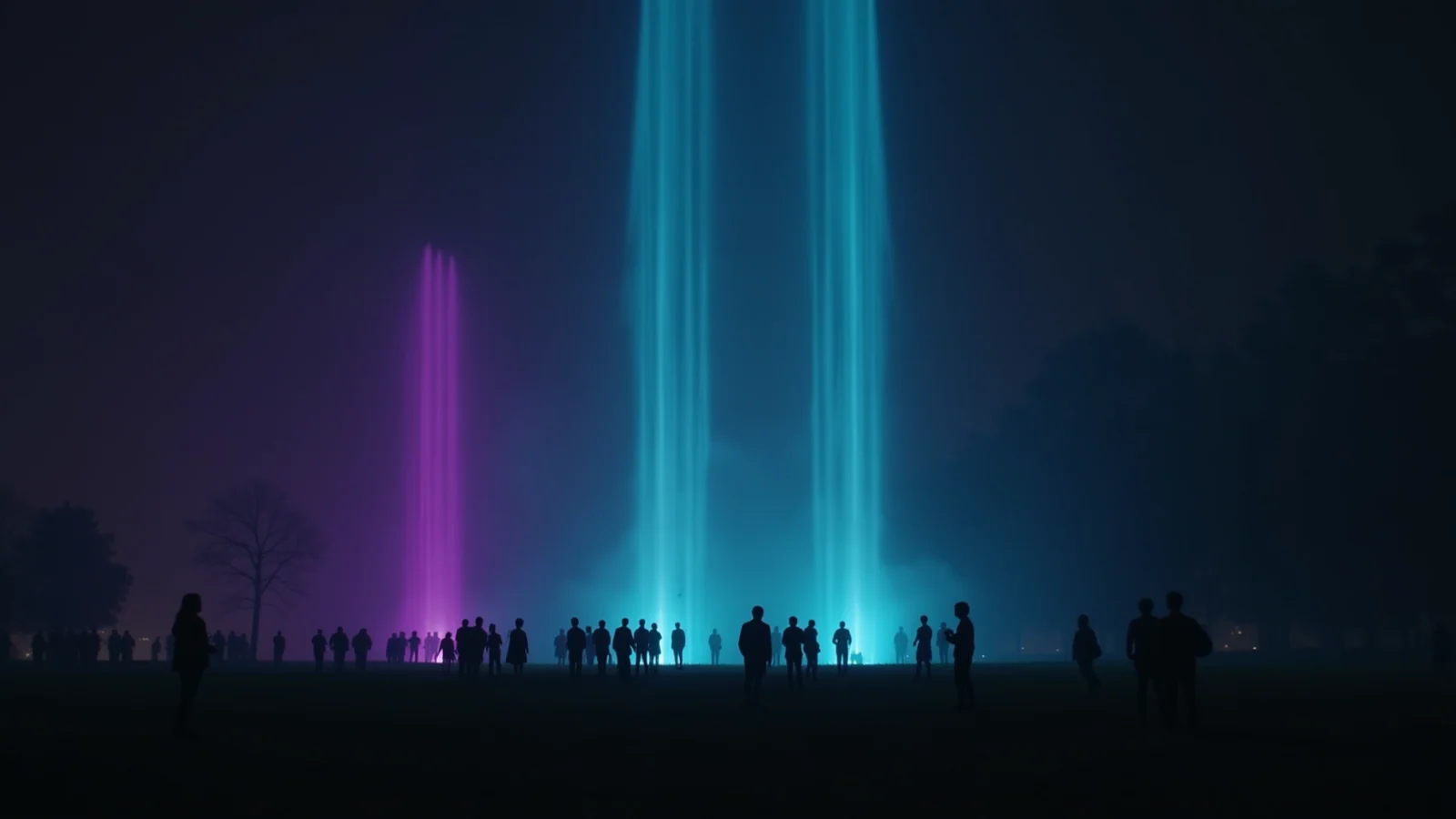 A wide night-time park gathering seen from a distance, with small distant figures spread across dark grass beneath tall columns of violet and cyan light rising into the sky.