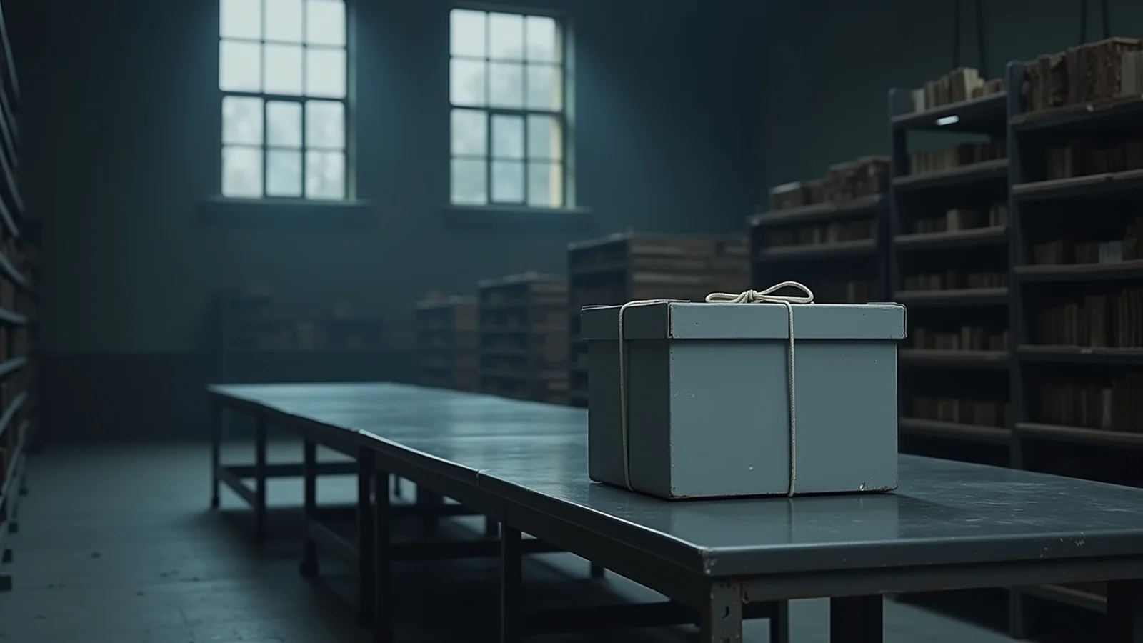 One plain grey storage box tied shut with pale cord, alone on a long steel table in a dim records room lined with shelves.