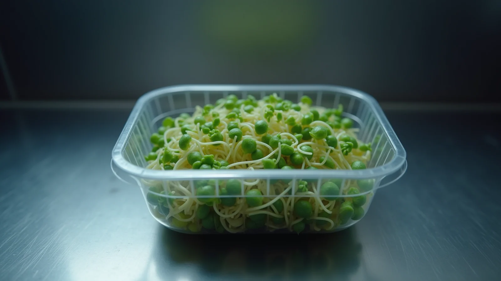 A single clear plastic container heaped with fresh sprouts on a steel counter, lit from above against a dark cold background.