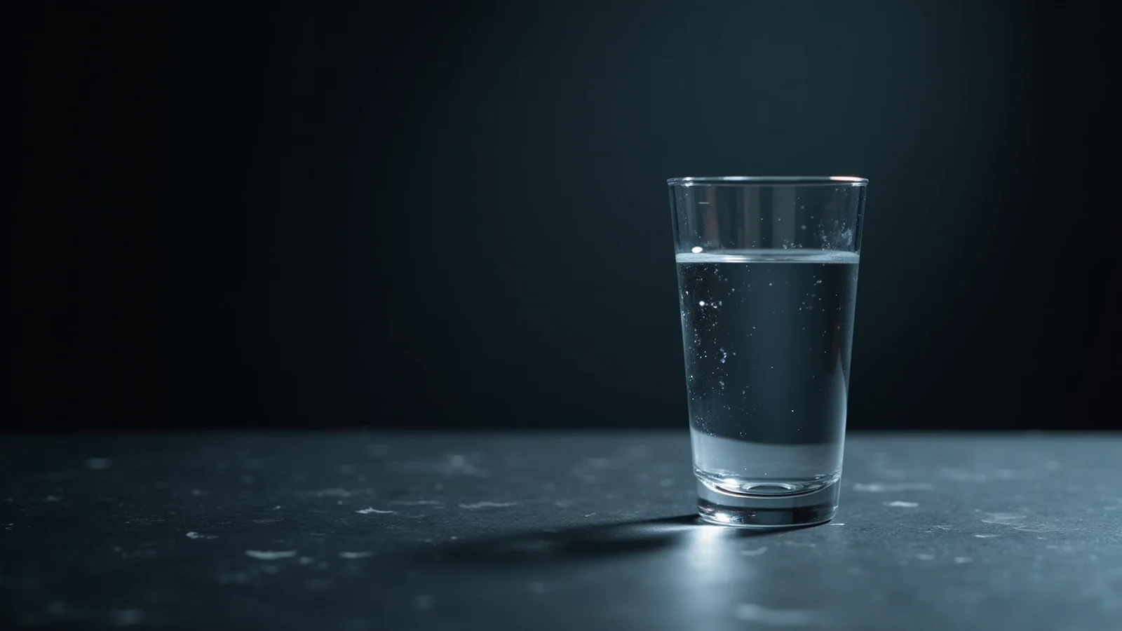 A single clear glass of still water on a dark slate surface, its waterline catching a cold side light against a deep black background.