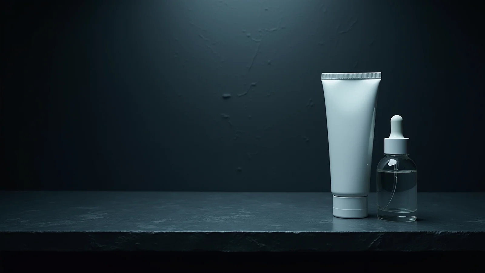 A plain unlabeled white tube and a small unlabeled bottle standing on the edge of a dark bathroom shelf in cold light.