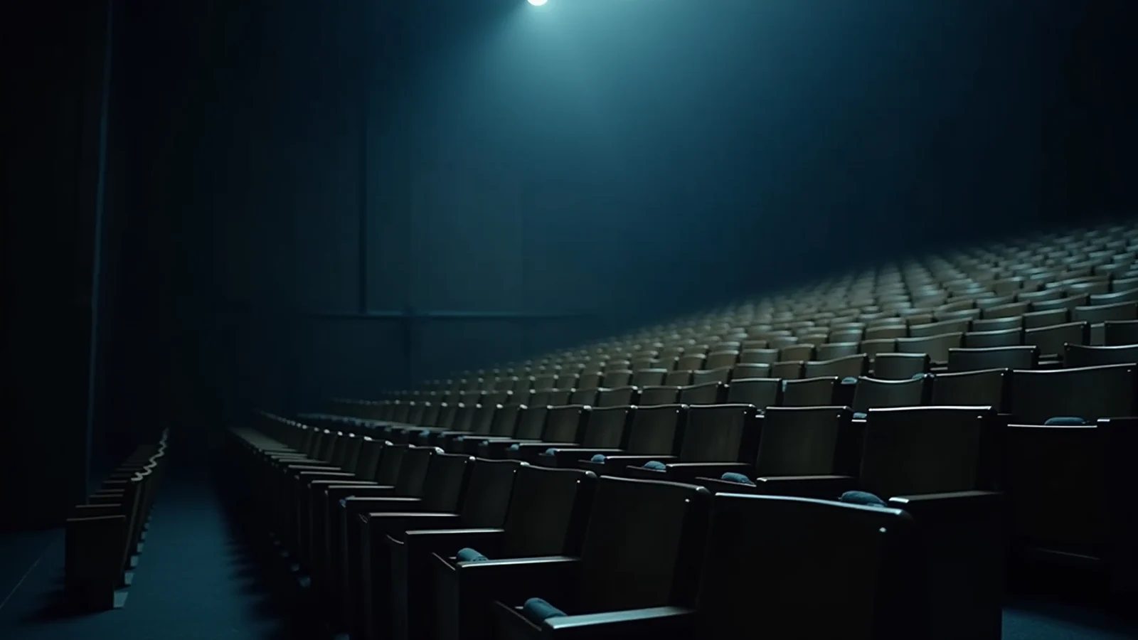 Rows of identical empty lecture hall seats rising into darkness, a single cold light across the upper rows.
