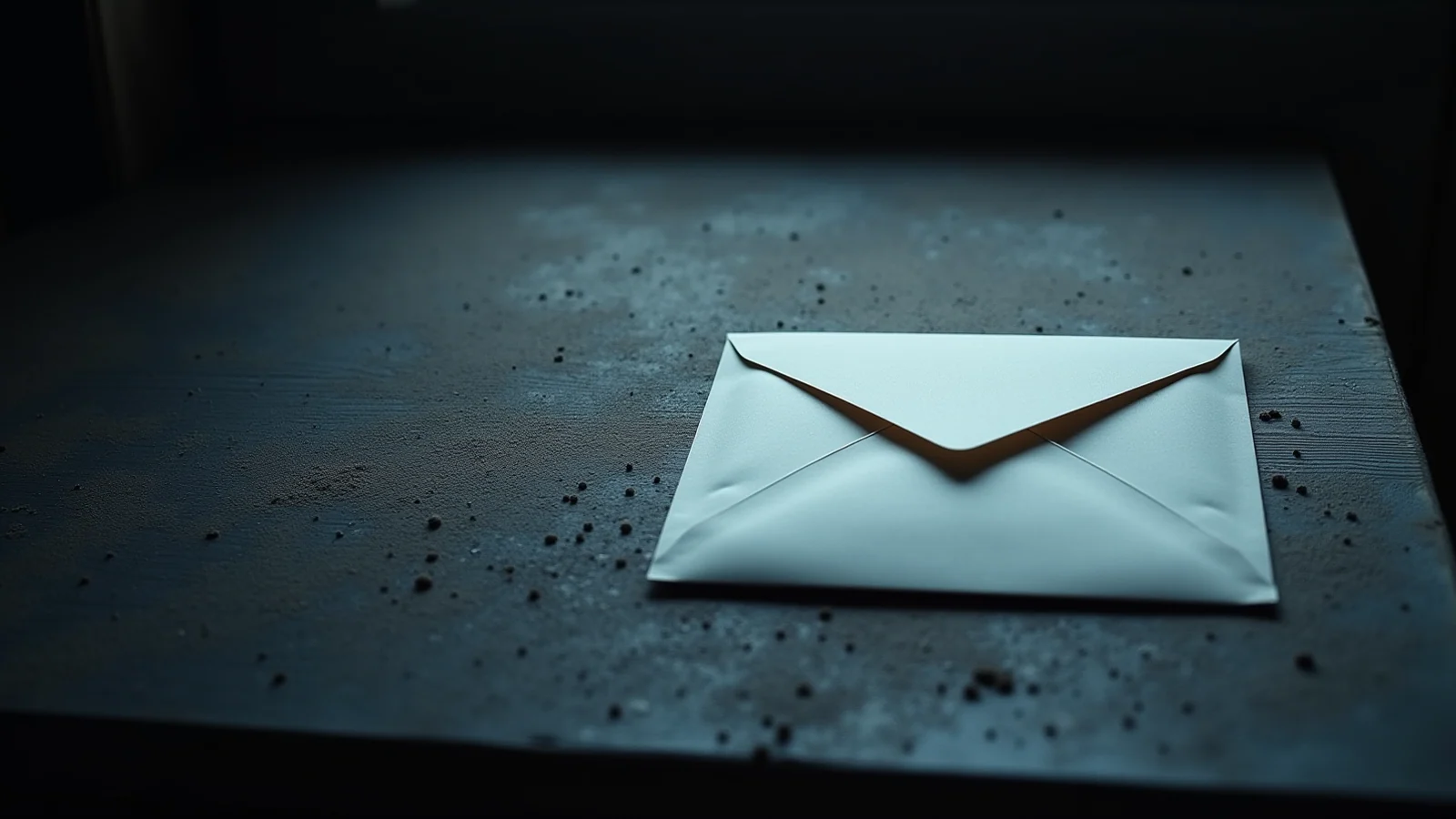 A plain white envelope lying on a dark desk scattered with fine grey dust, lit by cold blue light.