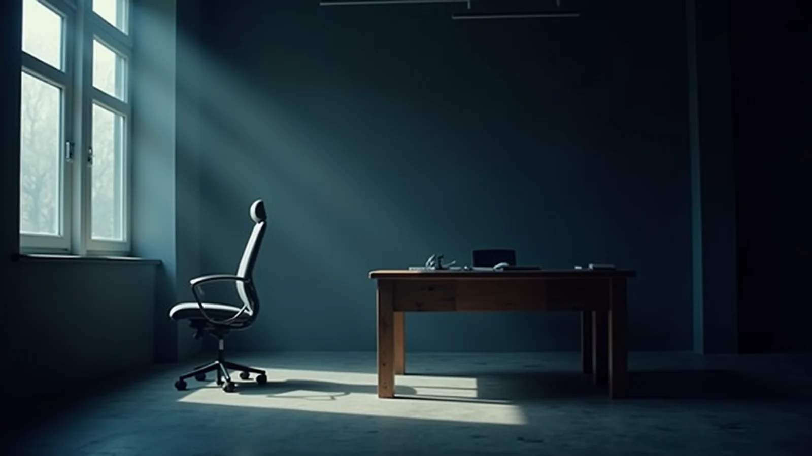 An empty office chair beside a bare wooden desk in a dim room, one shaft of cold window light falling across the floor.