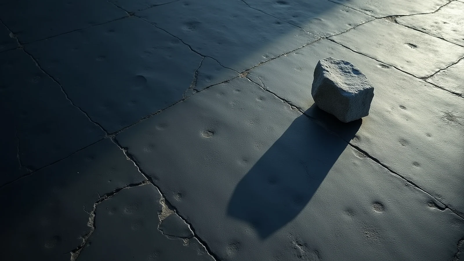 A small grey stone on cracked slate paving, casting a shadow several times longer and wider than the stone itself.