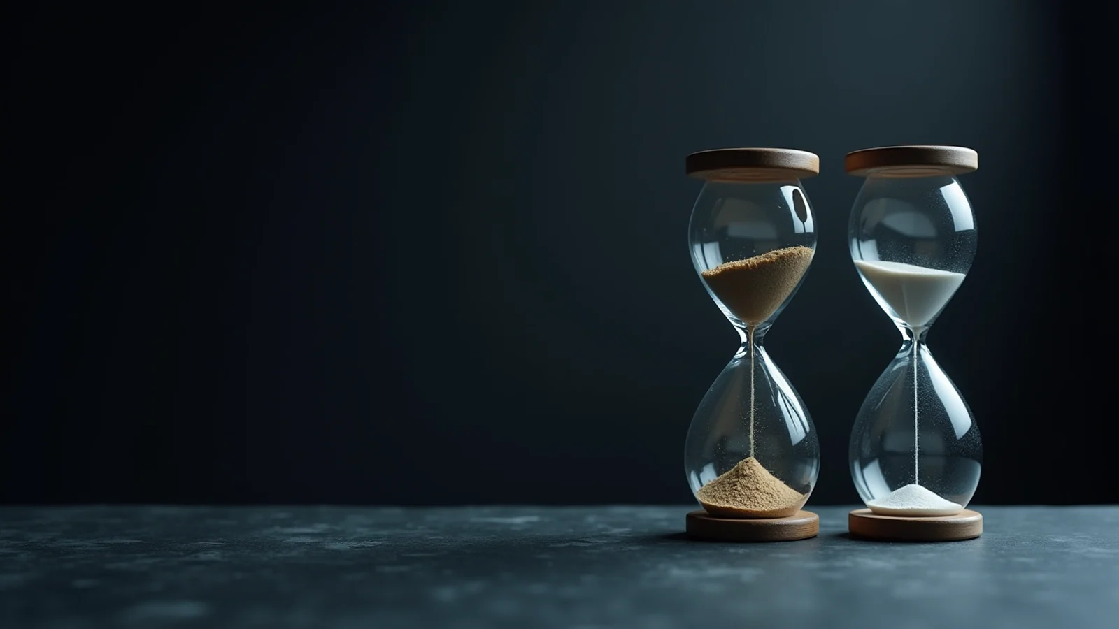 Two hourglasses standing together on a dark slate floor under cold light, one holding dark amber sand and one pale sand, each part run through.