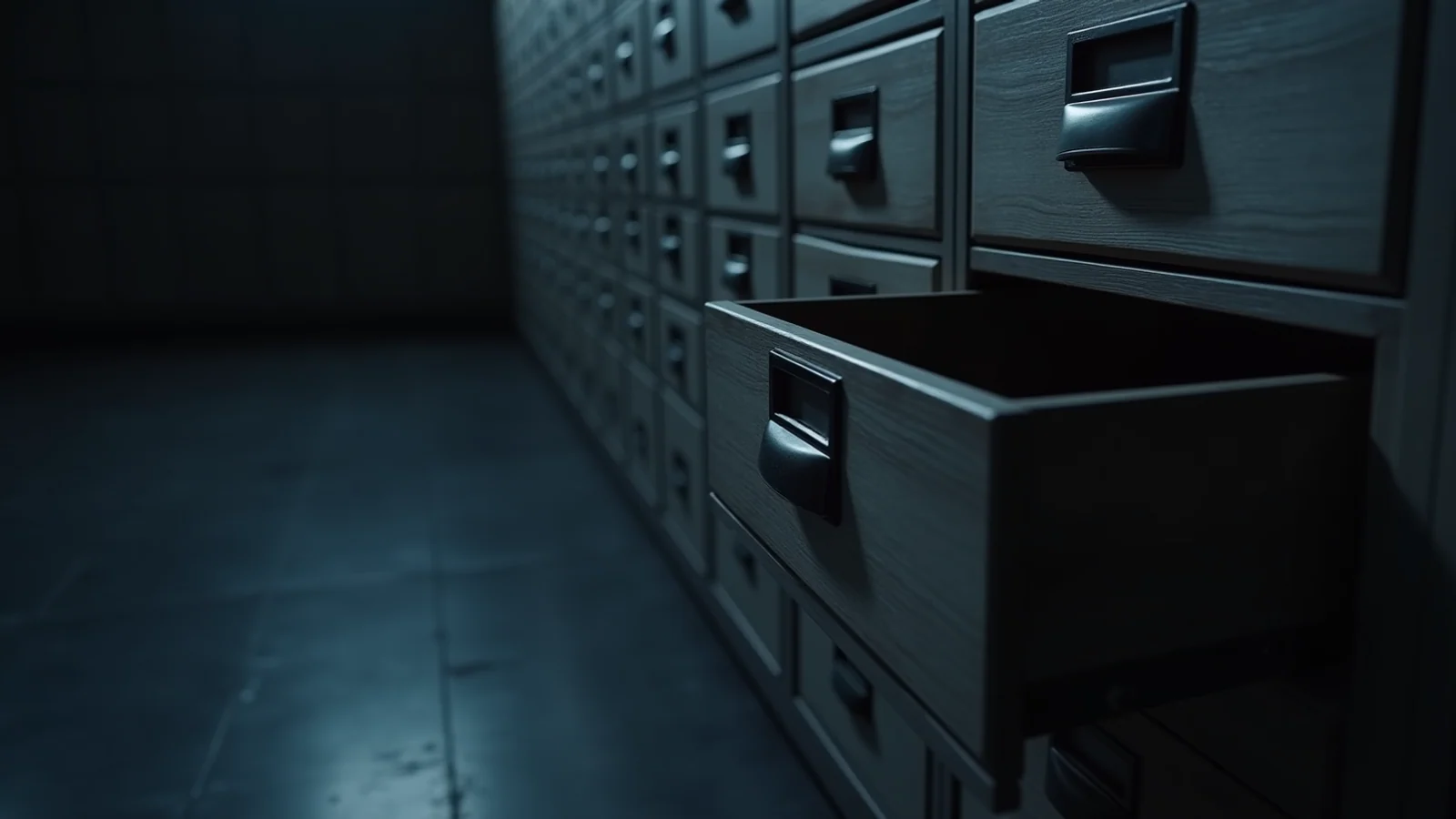 A wall of identical dark filing drawers with one drawer pulled fully open and completely empty inside.