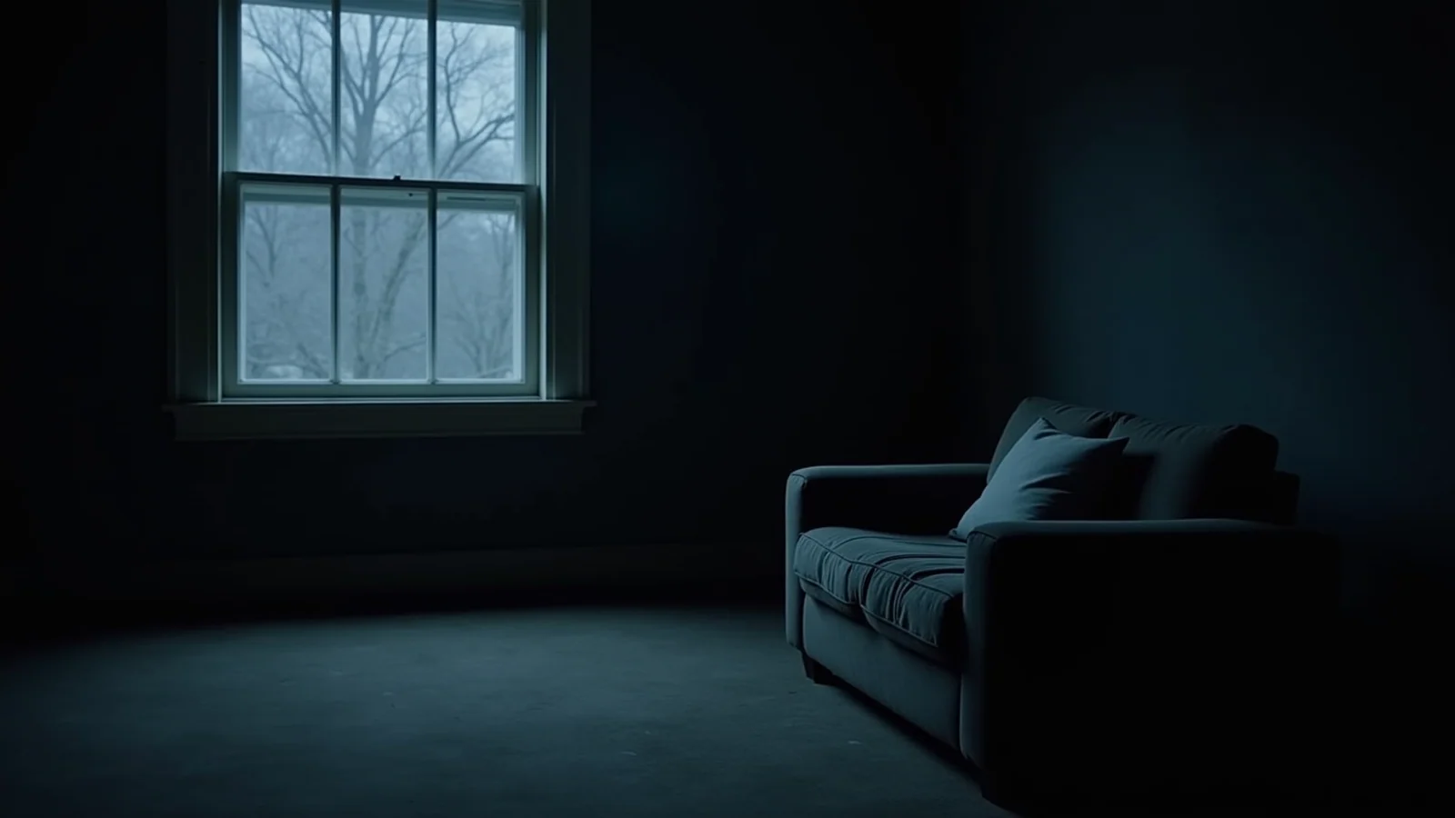 A couch with a cushion at one end, in a dark quiet room beside a tall window showing bare trees.