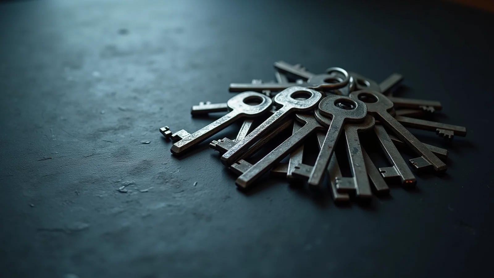 A fanned pile of many nearly identical metal keys on a dark concrete floor, lit from one side.