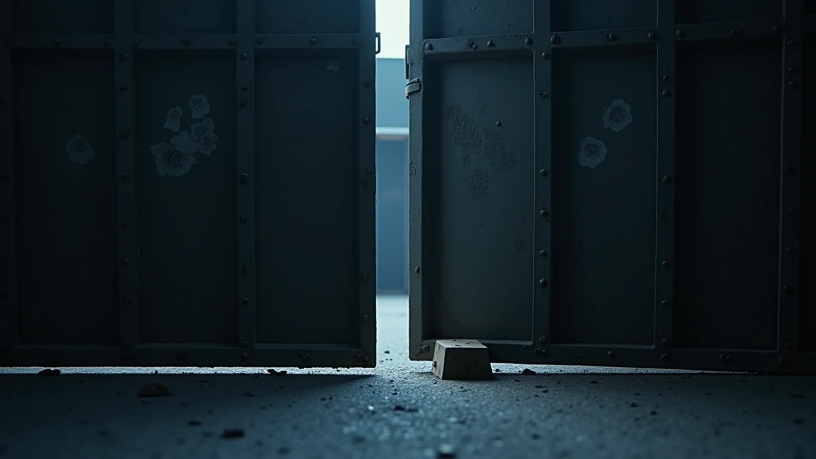 A pair of heavy steel gates standing slightly apart with bright daylight in the gap between them, a small block on the ground at their foot.
