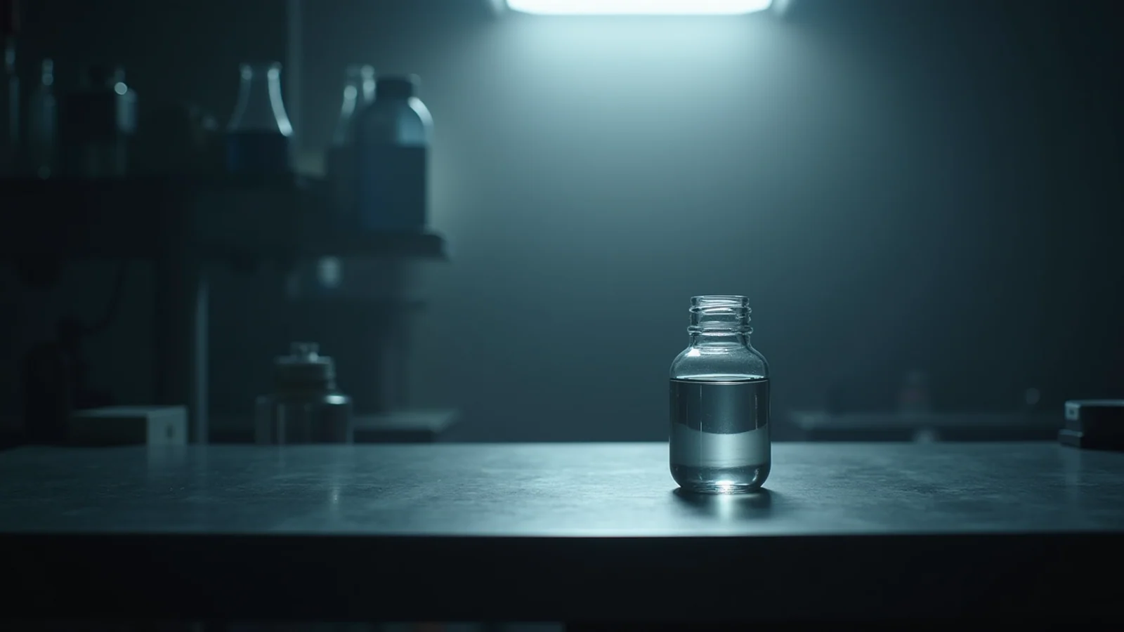 One small clear glass vial standing alone on a dark laboratory bench under a single overhead light.