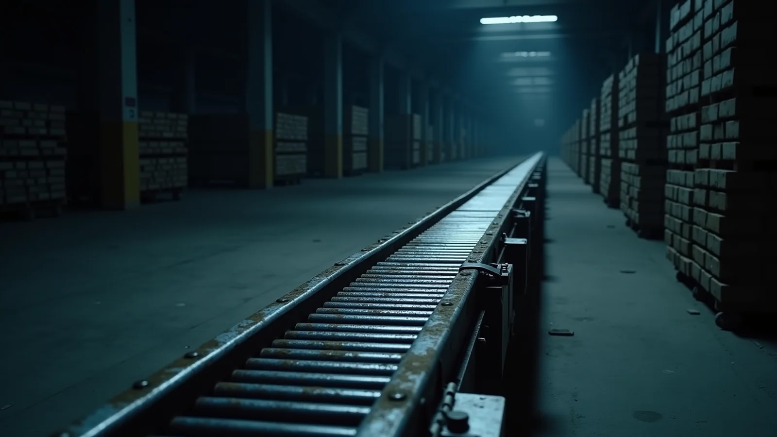 A long steel roller conveyor running away empty through a dark warehouse lined with stacked pallets.