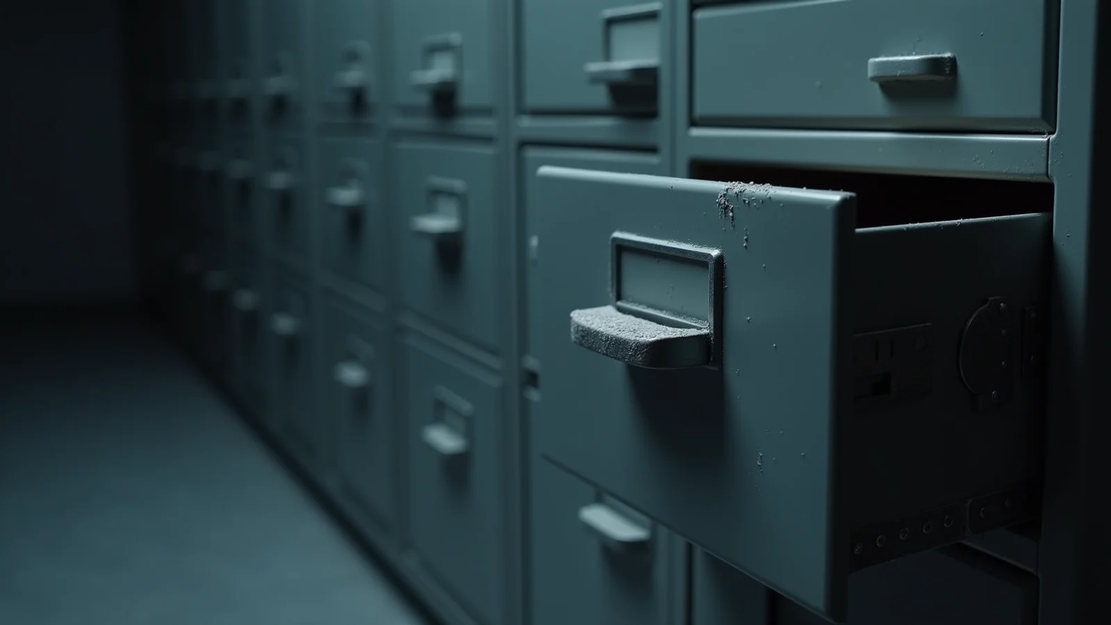 A bank of grey steel filing cabinets in cold light, with one drawer pulled partly open.