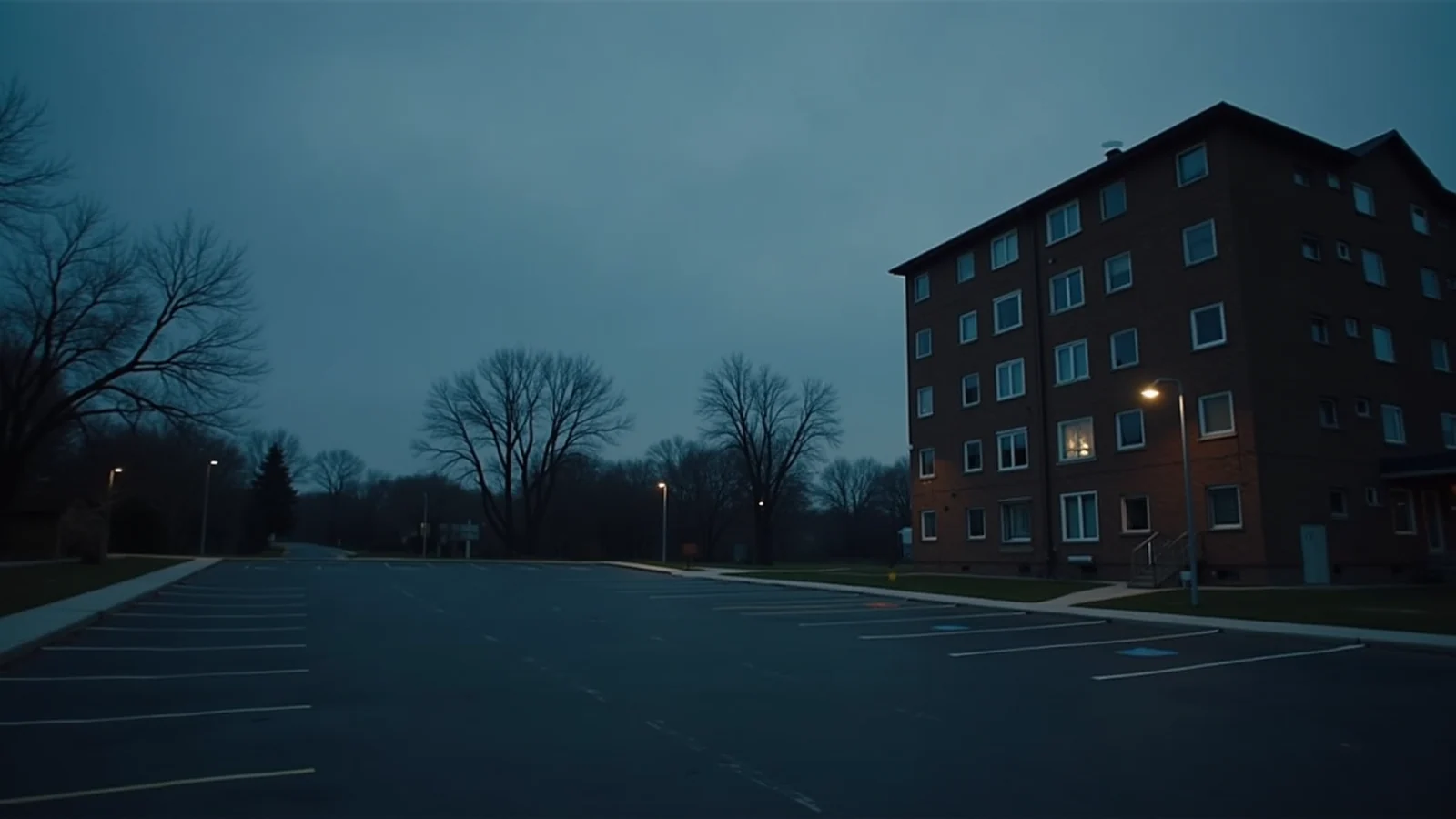 A plain low-rise brick apartment building at dusk with a few lit windows.