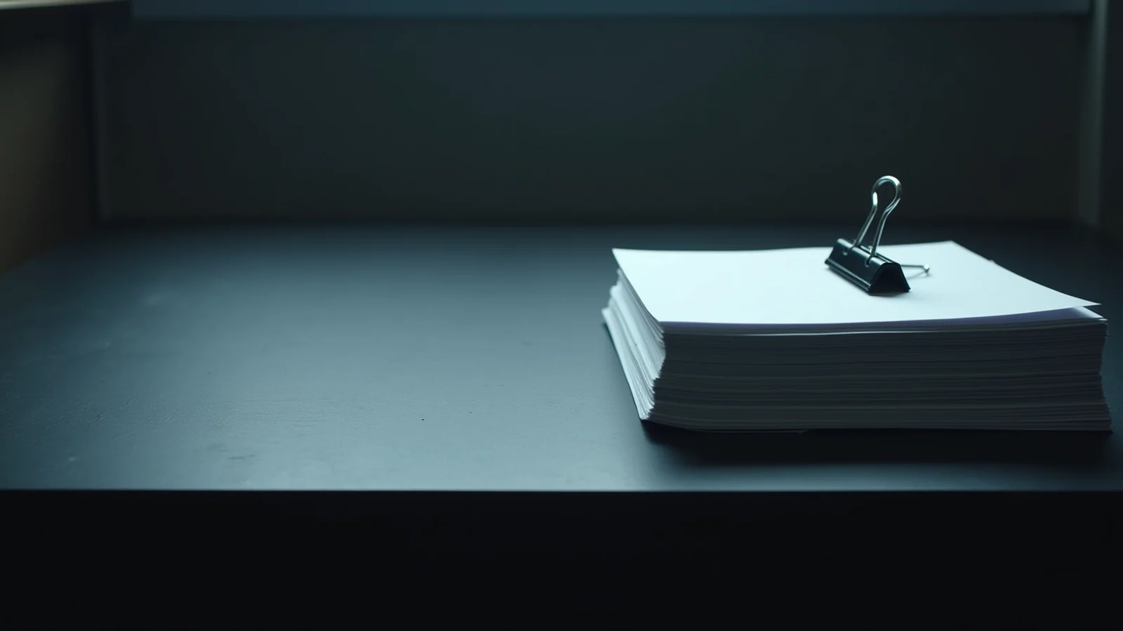 A thick stack of plain blank paper held by a single black binder clip on a dark desk.