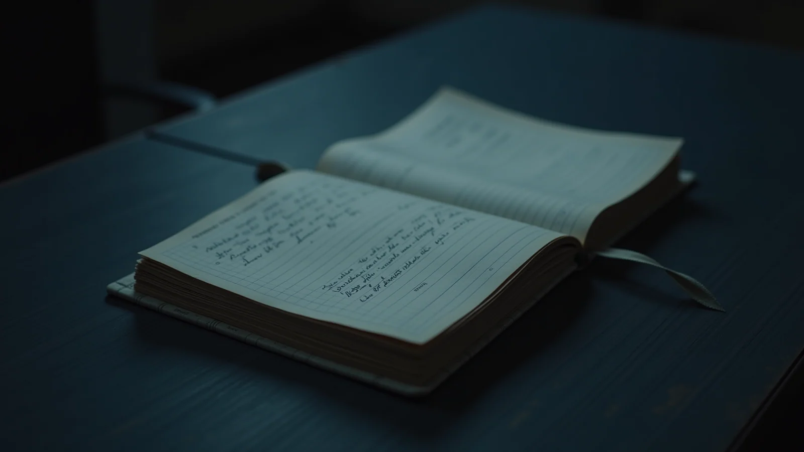 A very large closed cloth-bound accounting ledger lying shut on a dark desk.