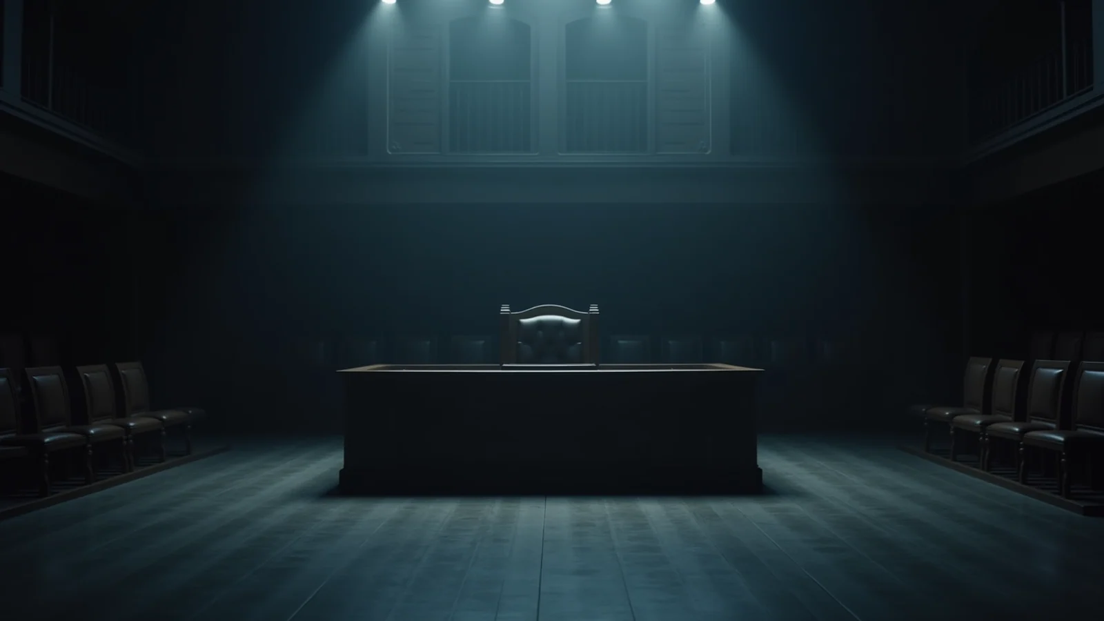 An empty dark wooden courtroom judge's bench with an empty chair behind it in a dim courtroom.