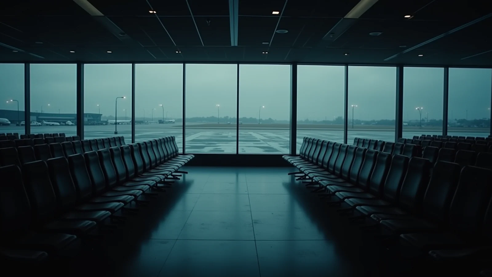 An empty airport departure gate at night, rows of vacant seats before tall windows onto a rainy apron.