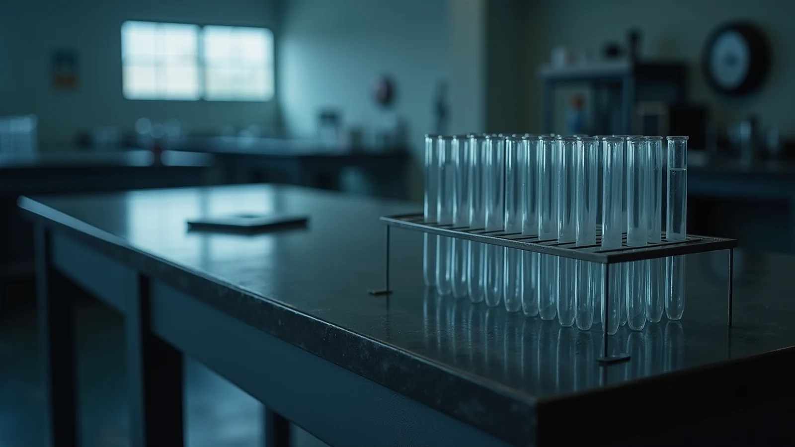 A rack of empty clear test tubes on a dark laboratory bench in cold light.
