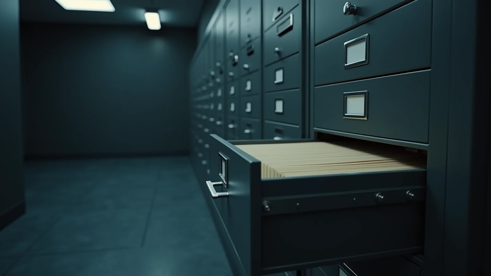 A long grey metal filing drawer pulled fully open, full of plain folders, in a dim records room.