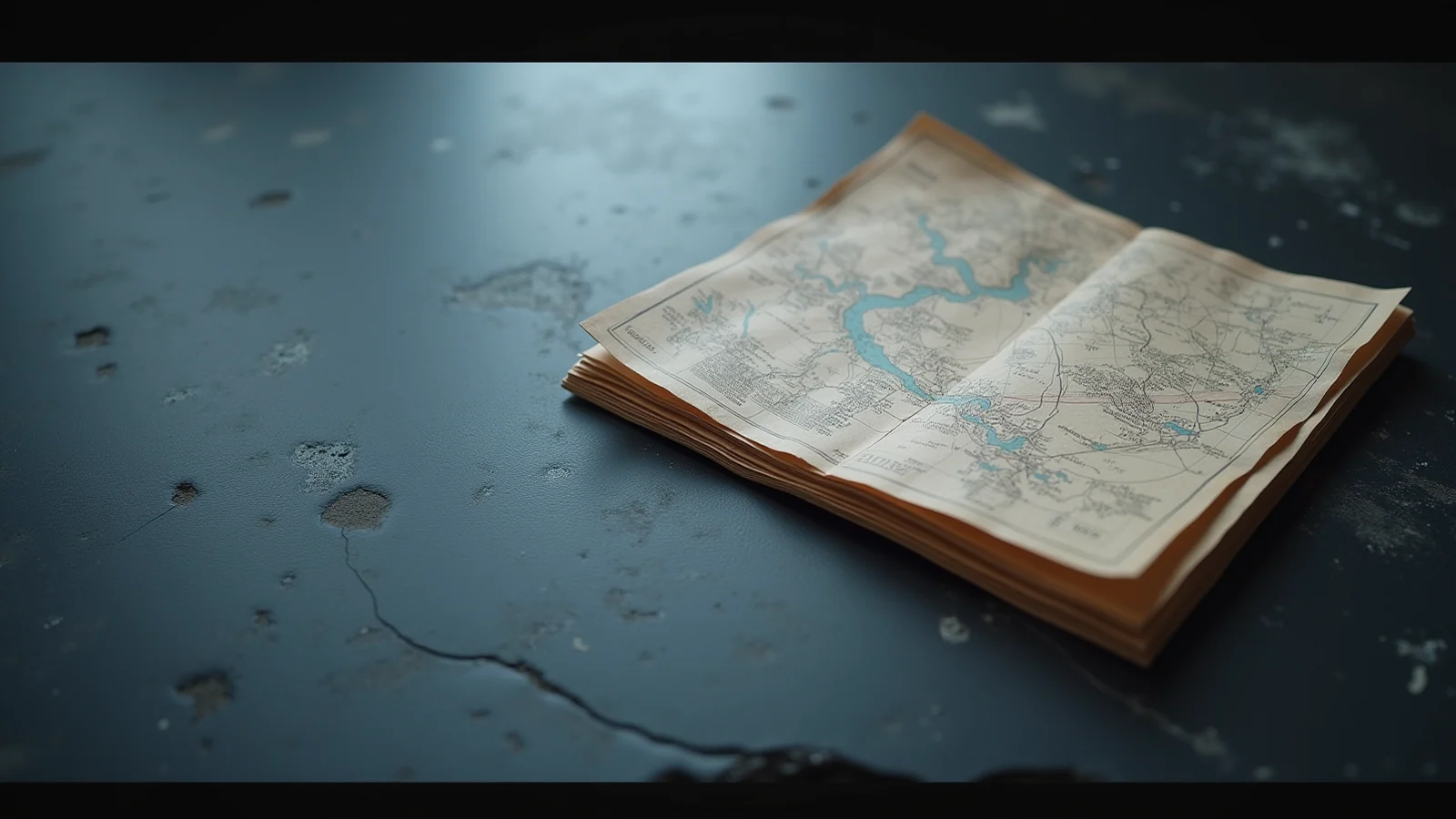 A worn folded paper map lying open on dark slate in cold raking light.