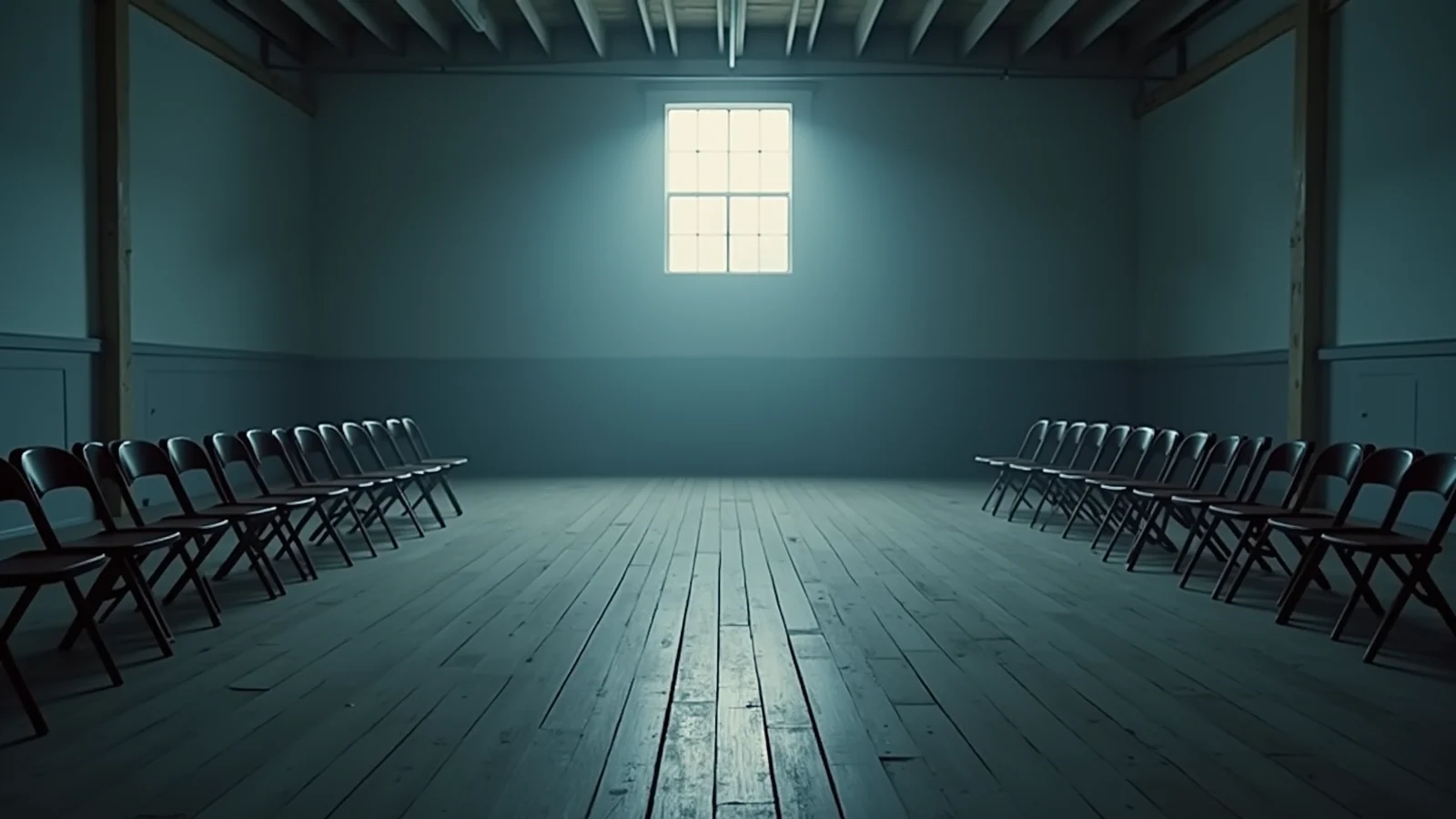 Two rows of empty metal folding chairs in a bare rented hall with a plain wooden floor.