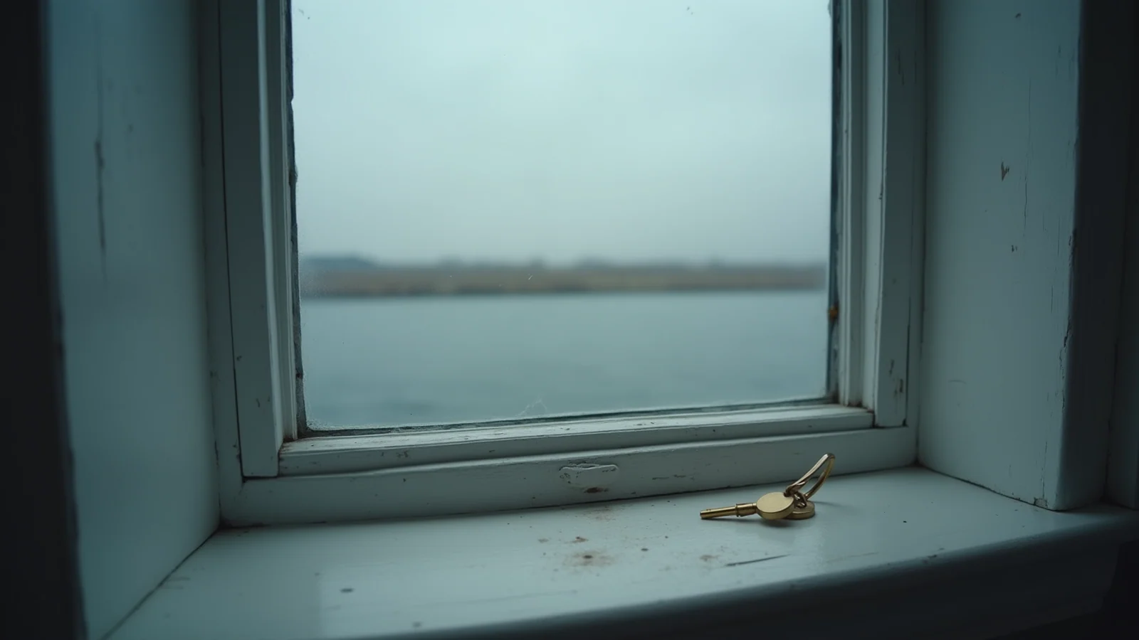 A single plain brass door key lying on a bare painted windowsill, grey water and overcast sky beyond the glass.