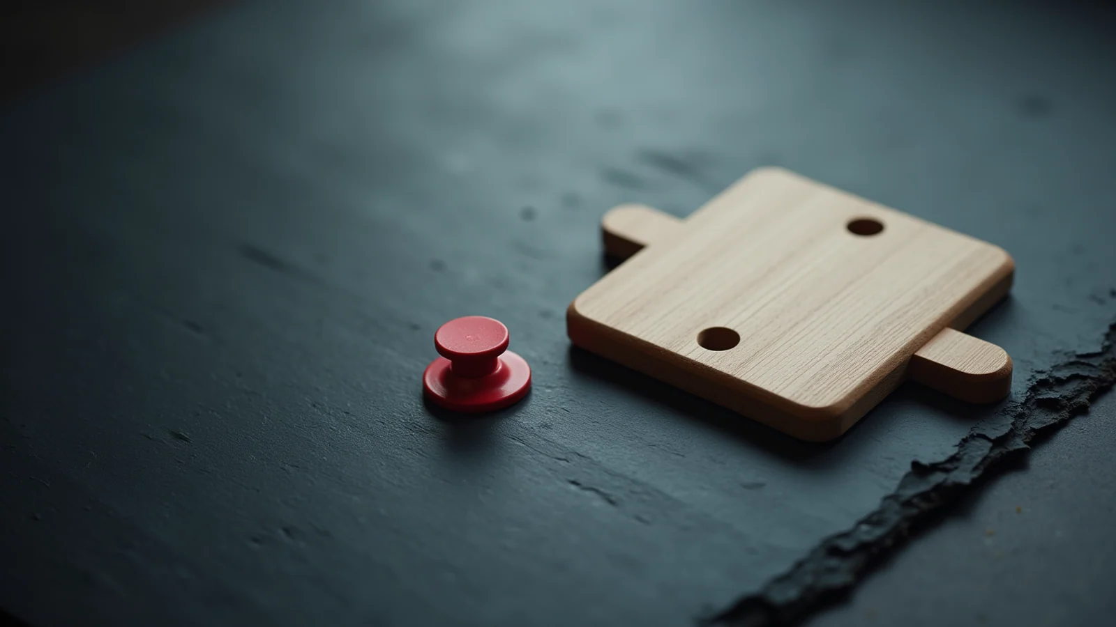 A small plain wooden board with two empty holes on dark slate, a round red knob lying detached beside it.