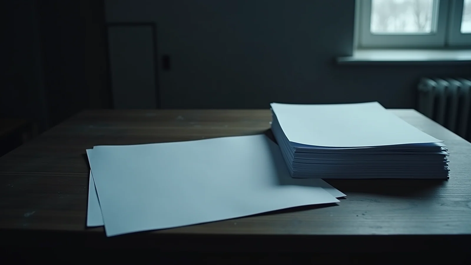 A stack of blank paper on a dark wooden desk by a window, a few sheets lying loose beside it.