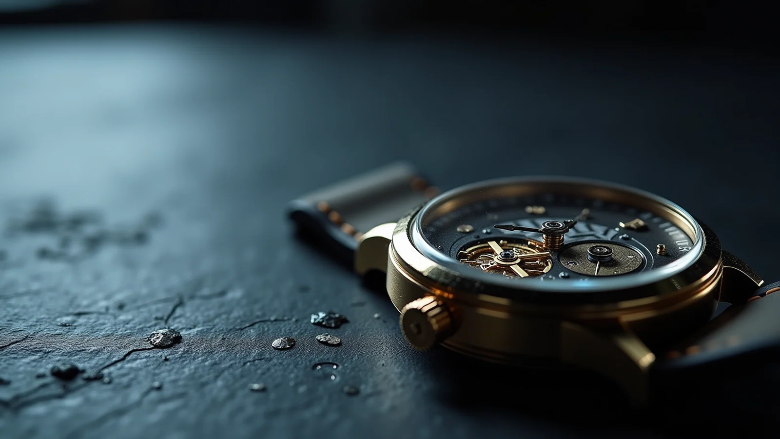 A gold mechanical wristwatch lying on dark slate in cold blue-grey light, its open-worked dial exposing the gears and balance wheel of the movement inside.