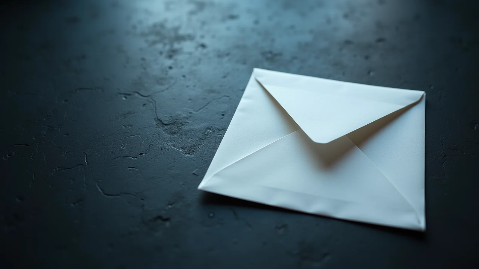 A single plain white unaddressed envelope lying on dark slate in cold raking light.