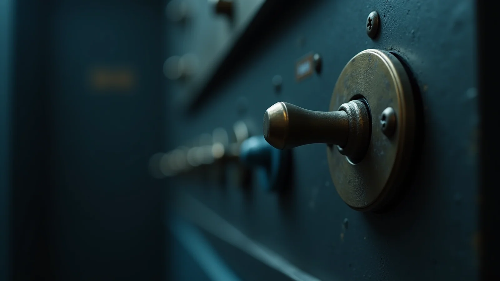 A brass lever set in a dark steel panel, in cold blue-grey light.