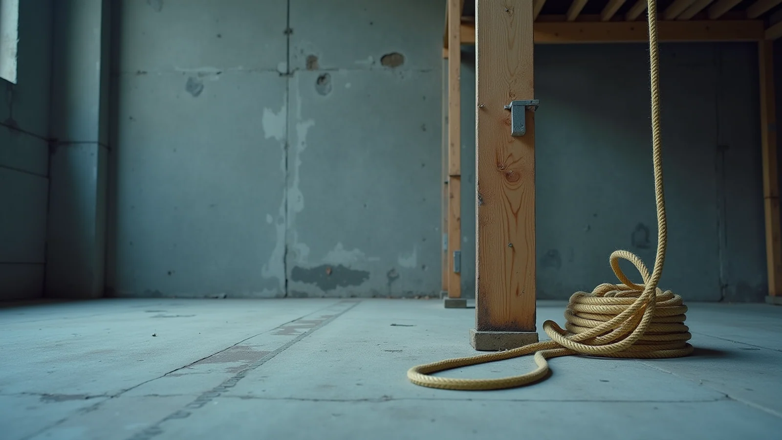 A coil of rope at the foot of a timber post inside an unfinished concrete structure.