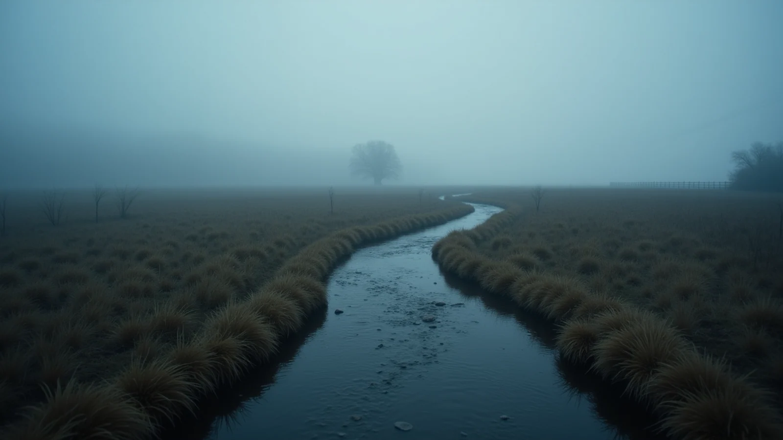 A narrow stream winding through a wet grassy meadow in fog at dawn.