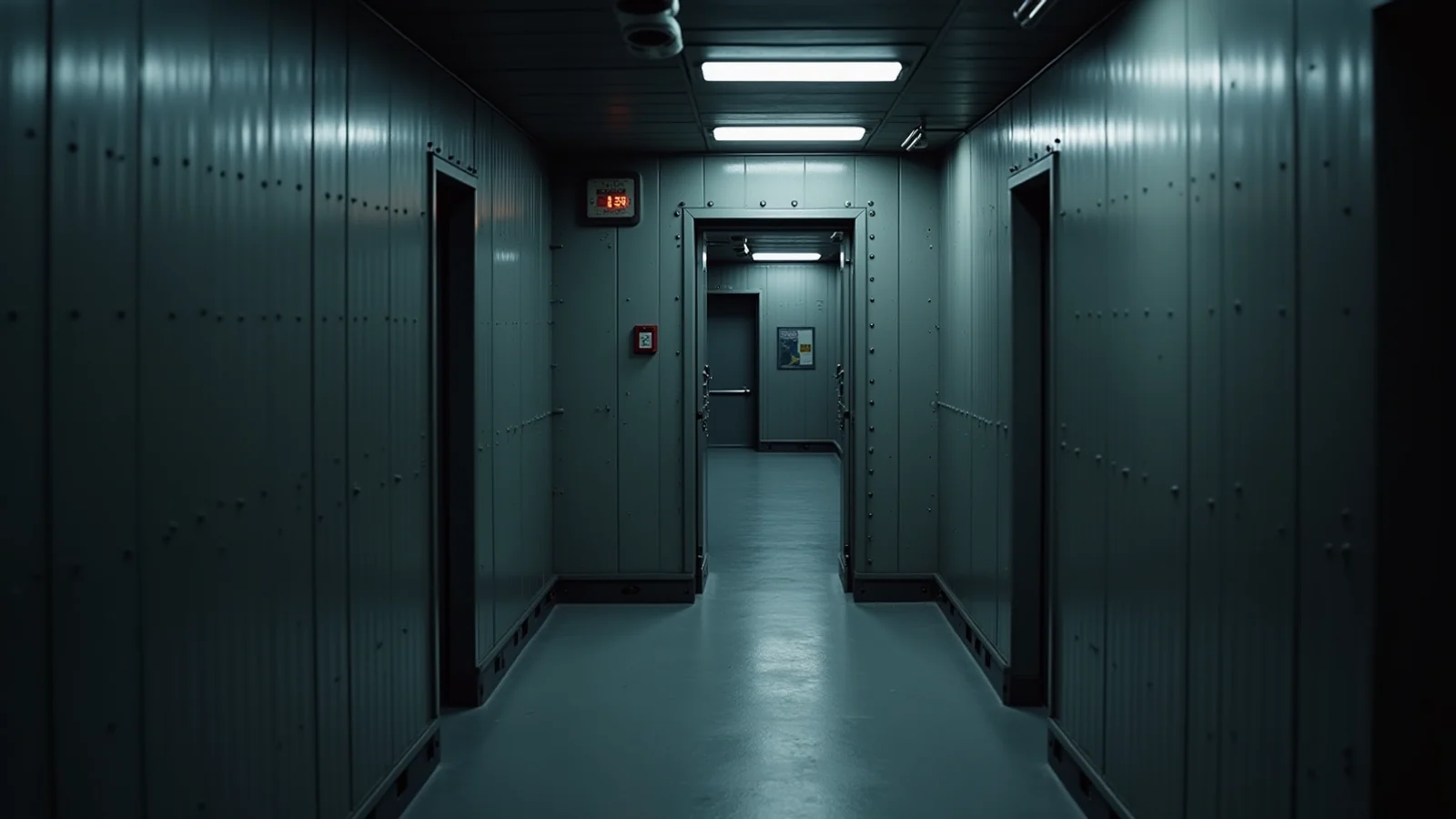 A long, narrow grey steel corridor lined with closed doors, lit by cold ceiling lights.