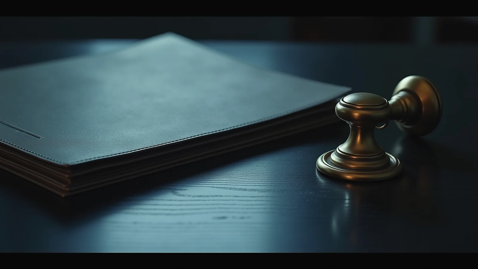 A brass desk seal beside a closed leather document folder on a dark desk.