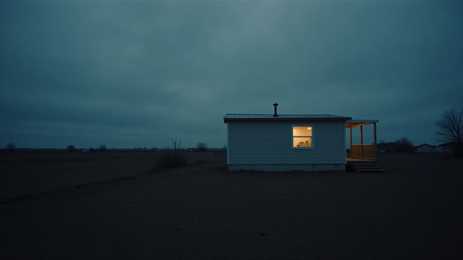 A single plain manufactured home on a quiet lot at dusk, one window lit.