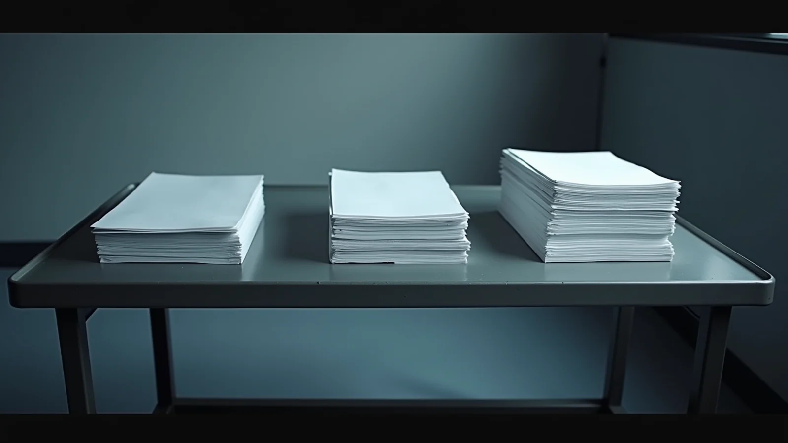 Three separate stacks of blank paper side by side on a grey steel table.
