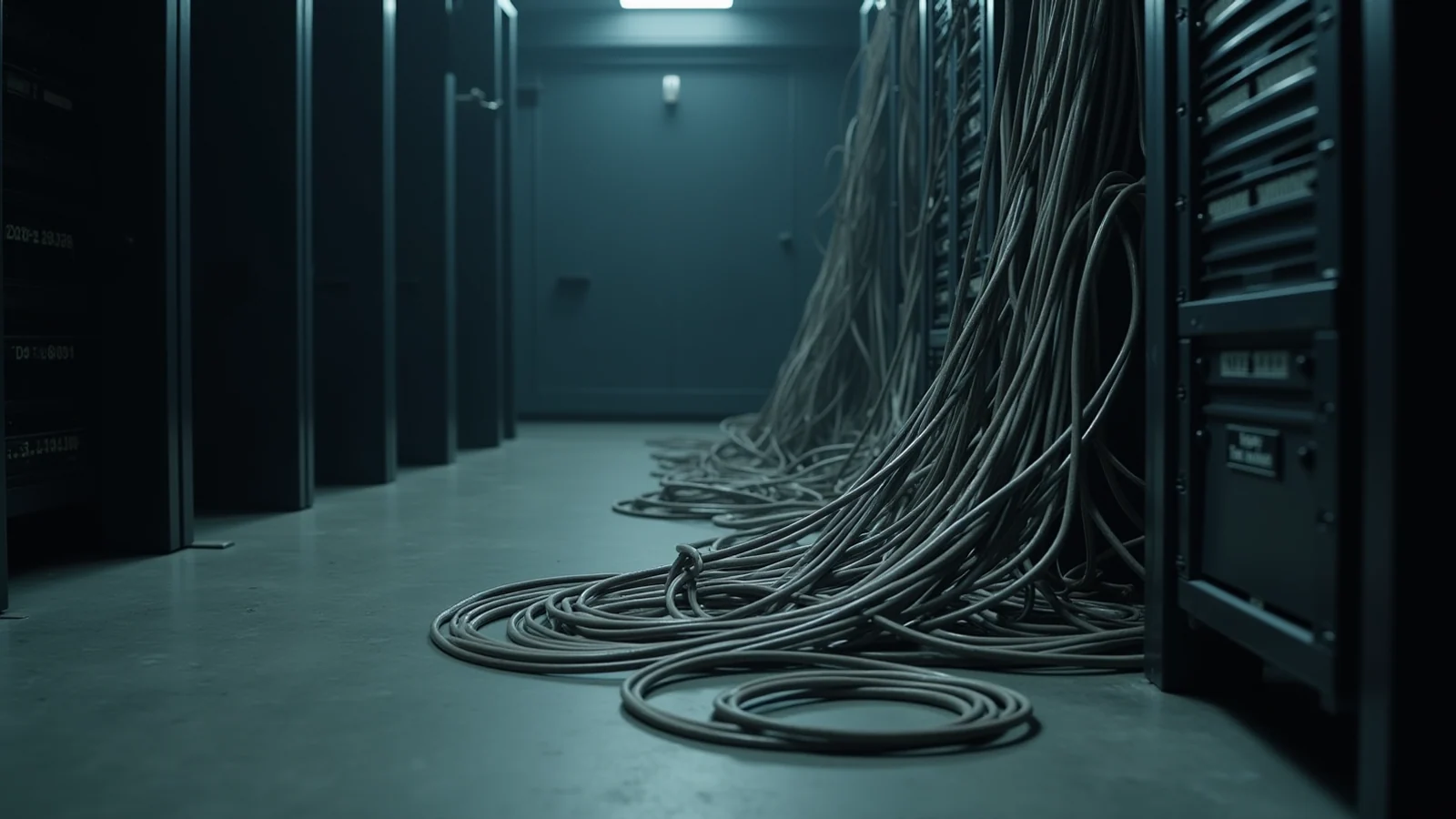Masses of grey cables spilling from equipment racks across the floor of a dim equipment room.