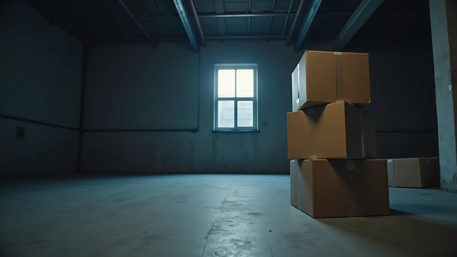 A stack of sealed brown cardboard boxes in a dim, empty warehouse beneath a single high window.