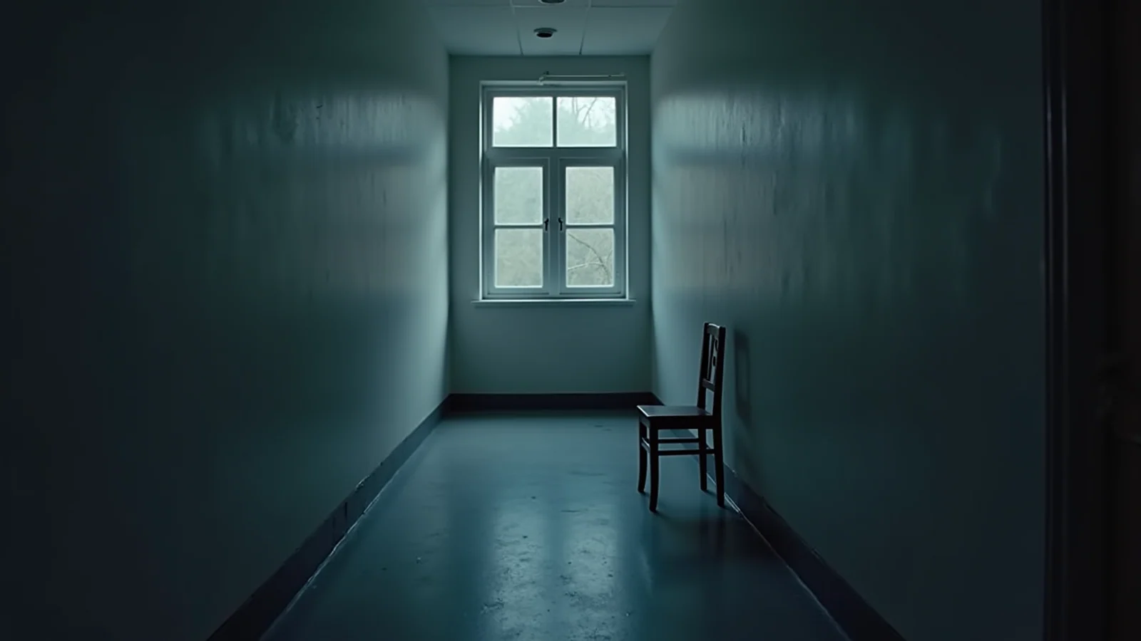 A single empty chair against the wall of a dim bare room, beneath a small window.