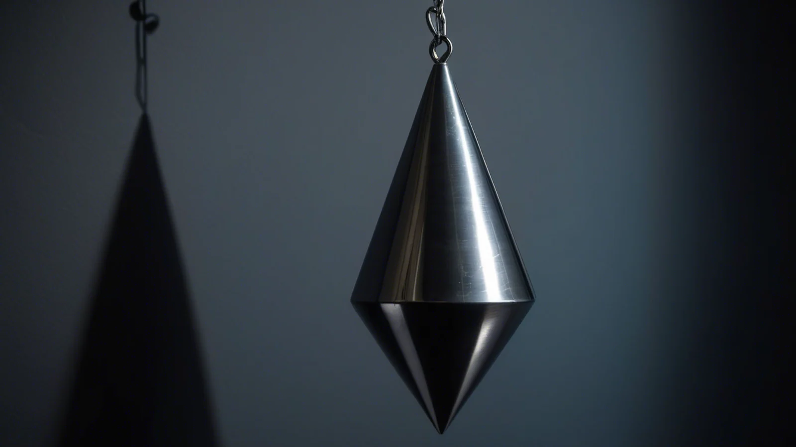 A polished steel plumb bob hanging perfectly still on its line against a plain dark wall, casting one long shadow.